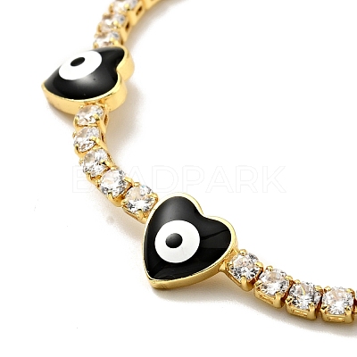Heart with Evil Eye Enamel Link Bracelet with Clear Cubic Zirconia Tennis Chains BJEW-G650-04G-1