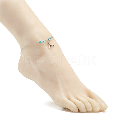 304 Stainless Steel Whale Tail Charm Anklet with Round Natural White Jade Beads for Women AJEW-AN00498-01-1