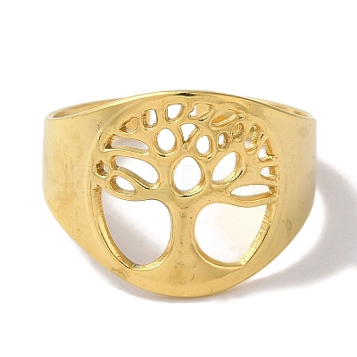 PVD Vacuum Plating 201 Stainless Steel Tree of Life Wide Open Cuff Rings for Unisex RJEW-C092-03G-1