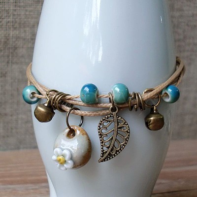 Adjustable Handmade Porcelain Flower Beads Braided Beads Bracelets WGFB2A7-07-1