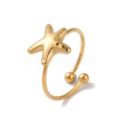 Ion Plating (IP) 304 Stainless Steel Starfish Open Cuff Rings for Women RJEW-M167-08C-G-1