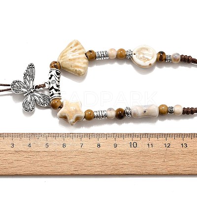 Ethnic Style Alloy & Porcelain Ceramic Beads Butterfly Pendant Tassel Y Necklaces NJEW-D308-01D-1