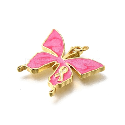 October Breast Cancer Pink Awareness Ribbon Brass Enamel Pendants KK-S517-04B-G-1