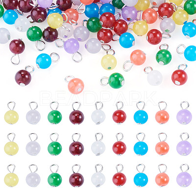90Pcs 9 Colors Baking Paint Imitation Jade Glass Round Bead with Iron Pendants PALLOY-TAC0281-1