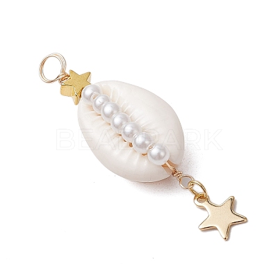3Pcs 3 Styles Natural Cowrie Shell Copper Wire Wrapped Glass Pearl Pendants PALLOY-JF03503-1