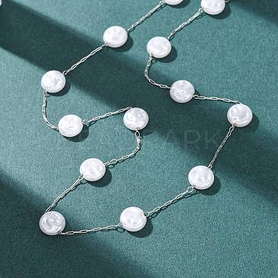 304 Stainless Steel with ABS Plastic Pearl Flat Round Bead Cable Chain Necklaces for Women NJEW-G190-03P-1