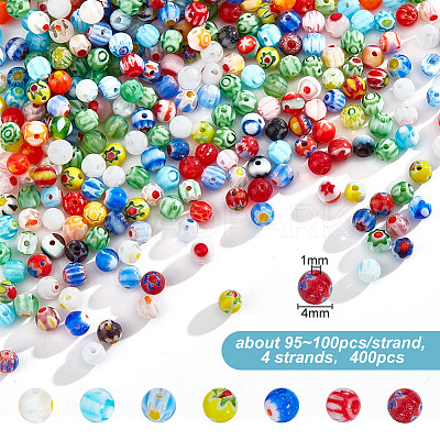 4 Strands Handmade Millefiori Glass Round Bead Strands LAMP-GO0001-13-1