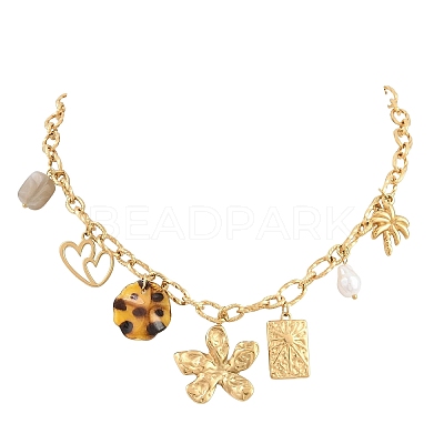 304 Stainless Steel & Resin & Imitation Pearl Multi-Pendant Bib Necklaces for Women SA-CBA717A-02G-01-1