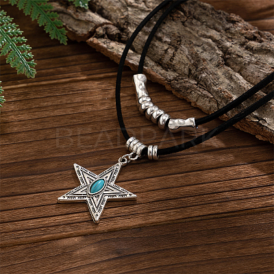 1 Set Alloy Pave Synthetic Turquoise Pendant Double Layer Cord Necklaces NJEW-CL0001-09B-1
