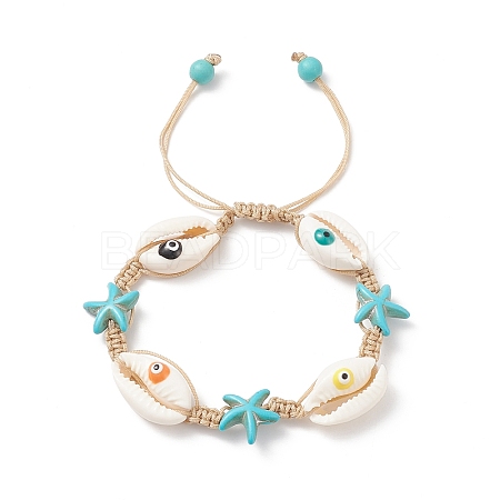 Natural Shell Evil Eye & Synthetic Turquoise(Dyed) Starfish Braided Bead Bracelet BJEW-TA00195-1