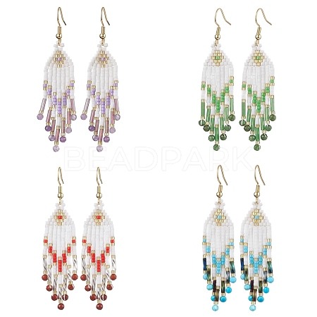 Woven Seed Beads & Natural Gemstone Tassel Earrings EJEW-MZ00154-1