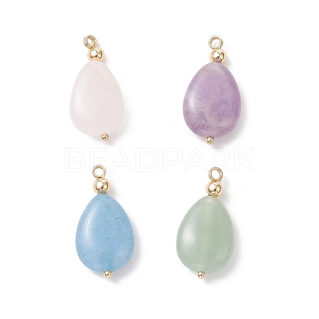 4Pcs 4 Styles Natural Amethyst & Rose Quartz & Green Aventurine & Dyed Quartz Teardrop Charms with Brass Bails PALLOY-JF04268-01-1
