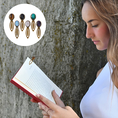 Oval Natural Rose Quartz & Tiger Eye & Black Stone & Amethyst & Agate & Opalite Bookmark AJEW-DC00018-1