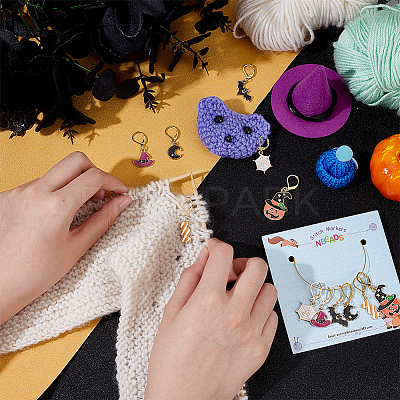 Halloween Theme Alloy Enamel Spider Web/Bat/Wicth Hat Charm Locking Stitch Markers HJEW-PH01708-1