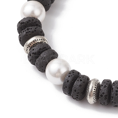 Flat Round Natural Lava Rock & Shell Pearl Beaded Stretch Bracelets for Women BJEW-JB12140-01-1