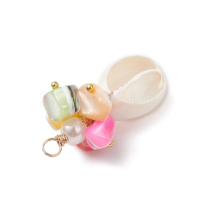 Natural Cowrie Shell & Dyed Natural Trochid Shell Nuggets Beaded Pendants PALLOY-JF04584-01-1