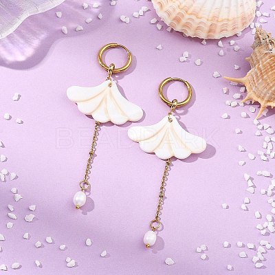 Freshwater Shell & Brass & 304 Stainless Steel Hoop Dangle Earrings EJEW-JE07258-1