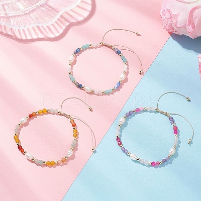 3Pcs Natural Mixed Gemstone & Cultured Freshwater Pearl Beads Braided Bead Bracelets for Women BJEW-JB12666-1