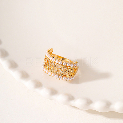 Hollow Brass with ABS Imitation Pearl Beads Wide Band Rings for Women OP9708-1-1