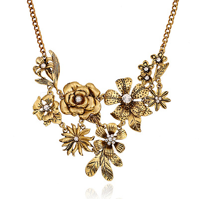 Retro Alloy Crystal Rhinestone Flower Pendant Bib Necklaces for Women FS-WGB73F9-02-1