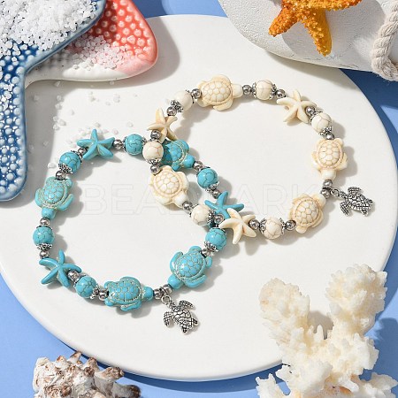 2Pcs 2 Colors Starfish & Turtle Dyed Synthetic Turquoise Beaded Stretch Bracelet Sets BJEW-JB10925-1