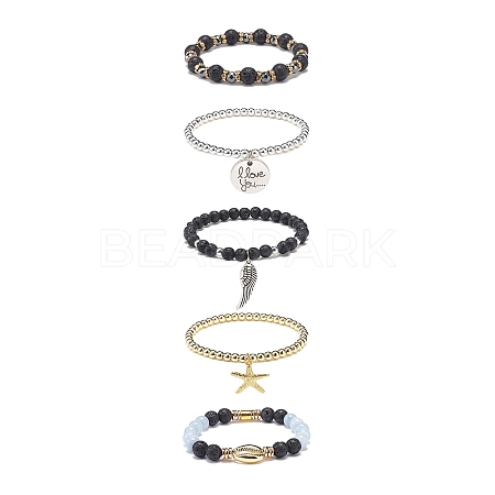 5Pcs 5 Style Natural Lava Rock & Natural Quartz & Synthetic Hematite Stretch Bracelets Set BJEW-JB08739-1