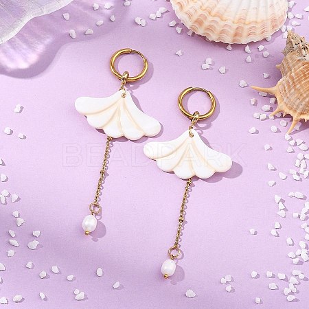 Freshwater Shell & Brass & 304 Stainless Steel Hoop Dangle Earrings EJEW-JE07258-1
