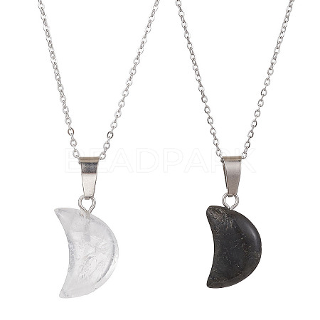 2Pcs 2 Style Crescent Moon Natural Larvikite & Quartz Crystal Pendant Necklaces NJEW-JN04642-1