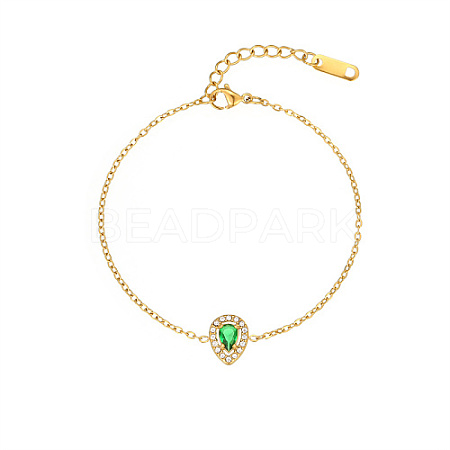 Cubic Zirconia Teardrop Link Bracelet with Golden Stainless Steel Cable Chains DH6731-2-1