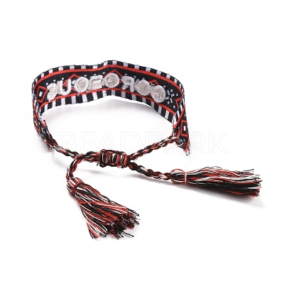 Word Gorgeous Polycotton(Polyester Cotton) Braided Bracelet with Tassel Charm BJEW-F429-03-1