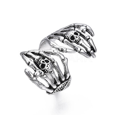 Gothic Punk Skull Hand Alloy Open Cuff Ring for Men Women RJEW-T009-57AS-1