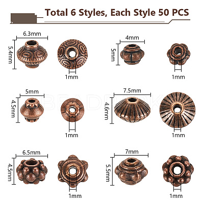 300Pcs 6 Styles Tibetan Style Alloy Spacer Beads TIBEB-PH0005-04-1