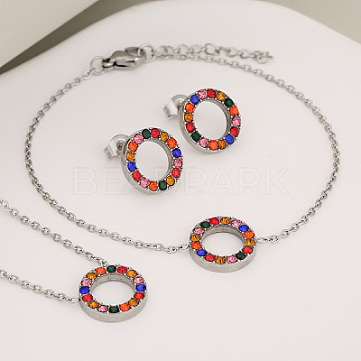 Ring 304 Stainless Steel Rhinestone Pendant Necklaces & Link Bracelets & Stud Earrings Sets WG32AA8-04-1