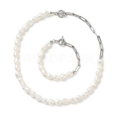 Natural Baroque Pearl Beaded Necklace & Bracelet with 304 Stainless Steel Paperclip Chains SJEW-JS01262-1
