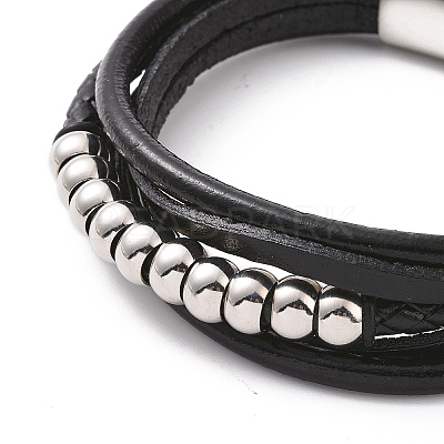 Black Leather Braided Cord Multi-strand Bracelet with 201 Stainless Steel Magnetic Clasps BJEW-P275-08P-1