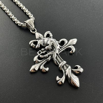 Retro Punk Hip-hop 304 Stainless Steel Wolf Cross Pendant Necklaces for Men FA7959-1