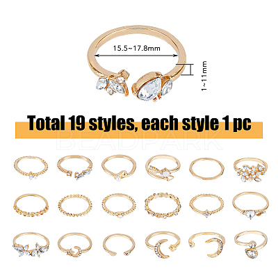 19Pcs 19 Style Alloy Open Cuff Rings Set with Rhinestone RJEW-FI0001-16-1