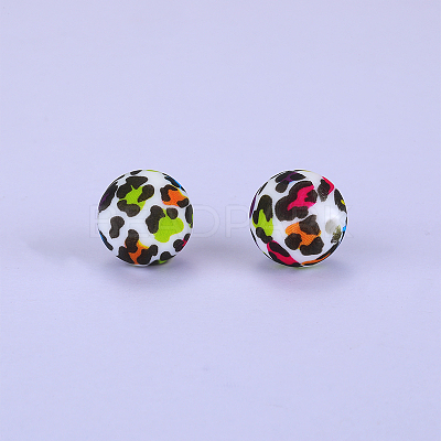 Printed Round with Leopard Print Pattern Silicone Focal Beads SI-JX0056A-07-1