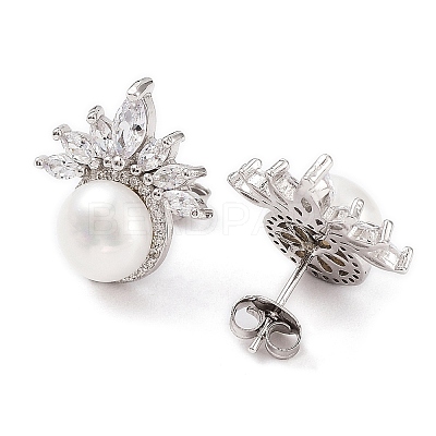 Anti-Tarnish Cubic Zirconia Flower with Natural Pearl Stud Earrings EJEW-F318-08P-1