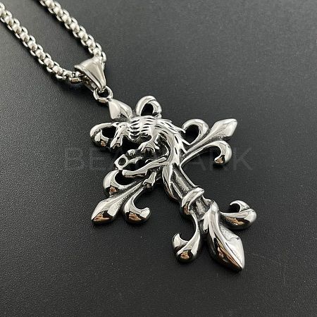 Retro Punk Hip-hop 304 Stainless Steel Wolf Cross Pendant Necklaces for Men FA7959-1