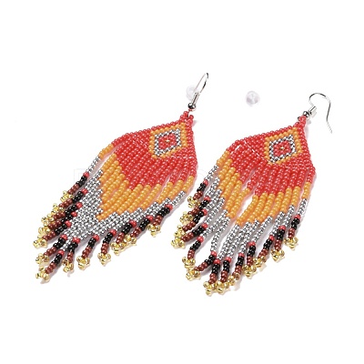 Glass Seed Braided Rhombus with Tassel Chandelier Earrings EJEW-H084-09P-1