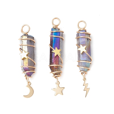 3Pcs 3 Styles Electroplated Natural Quartz Crystal Pointed Copper Wire Wrapped Pendants PALLOY-JF03766-01-1