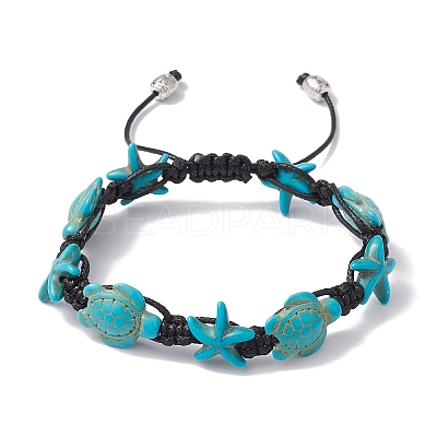Synthetic Turquoise Starfish & Turtle Braided Bead Bracelet BJEW-TA00388-01-1