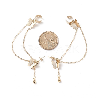 Brass Butterfly with Hanging Chain Dangle Stud Earrings EJEW-TA00152-1