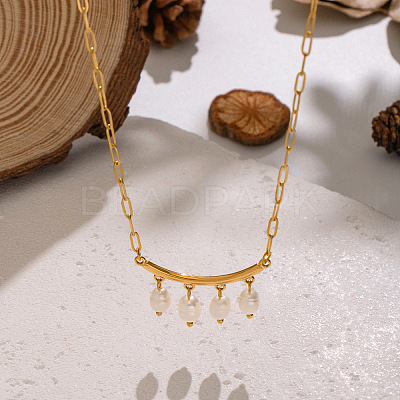 Natural Freshwater Pearl Rice Tassel 304 Stainless Steel Paperclip Chain Necklace for Women AR2544-1