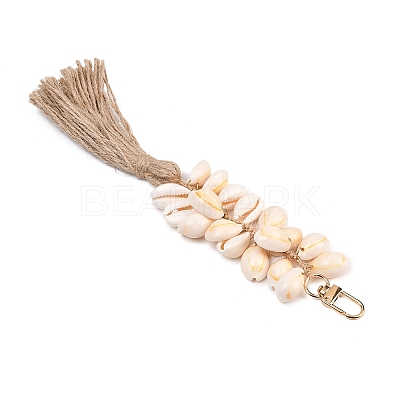 Natural Shell & Jute Cord Tassels Pendant Decoration HJEW-JM03149-1