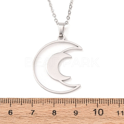 304 Stainless Steel Double Hollow Moon Pendant Cable Chain Necklaces for Men Women NJEW-K308-01E-P-1