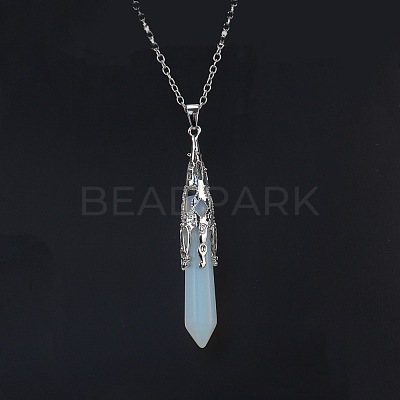 Opalite Six-Sided Prism Healing Dowsing Pendulum Pendant Iron Cable Chain Necklaces for Divination HM5691-1-1