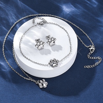 Dog Paw Print 304 Stainless Steel Pendant Necklaces & Bracelets & Stud Earrings Sets for Women SJEW-C004-20P-1
