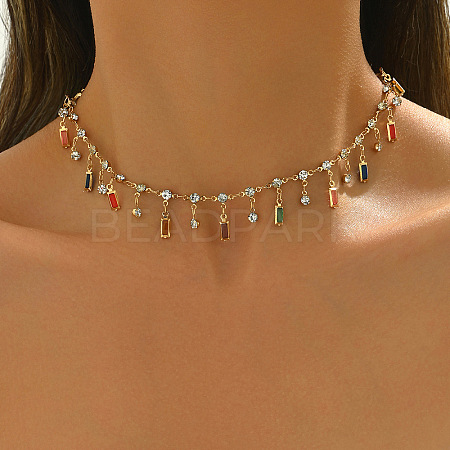 Brass Colorful Rhinestone Rainbow Rectangle Tassel Choker Necklaces for Women WG894E5-01-1